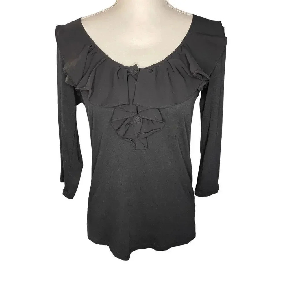 Gap Women’s Small Black Ruffled Scoop Neck 3/4 Sleeved Top
